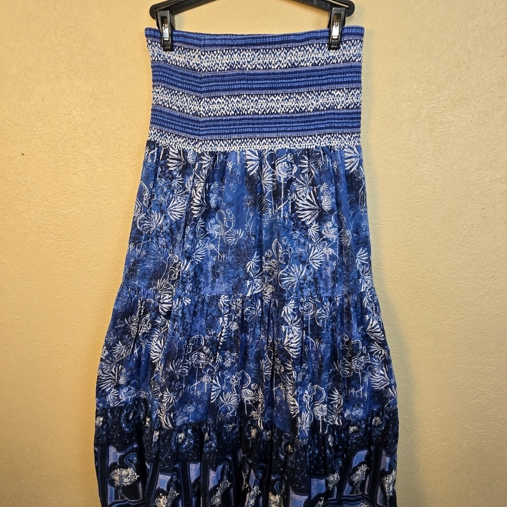 CELINA MOON Blue and White Flamingo Print Festival Skirt Small (7888)